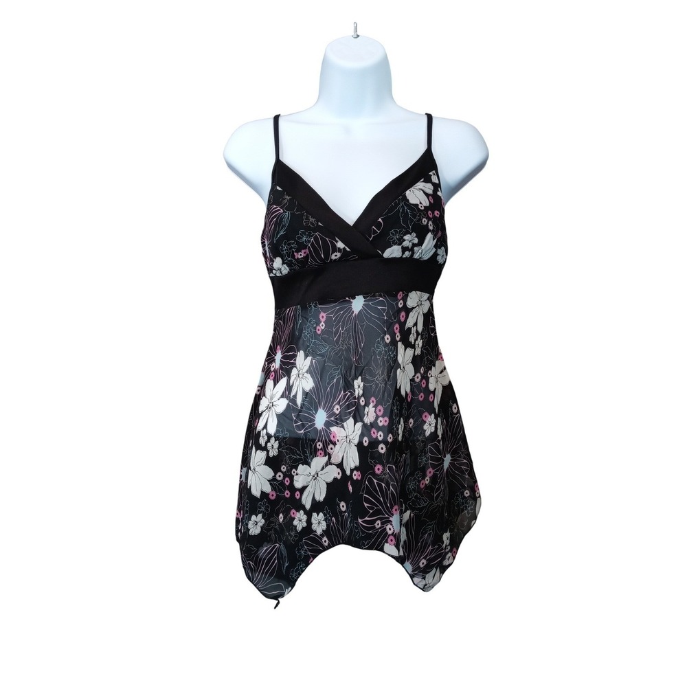 Y2k Black Floral Print Tank Flowy Handkerchief Hem Tank Top Women's Size Small